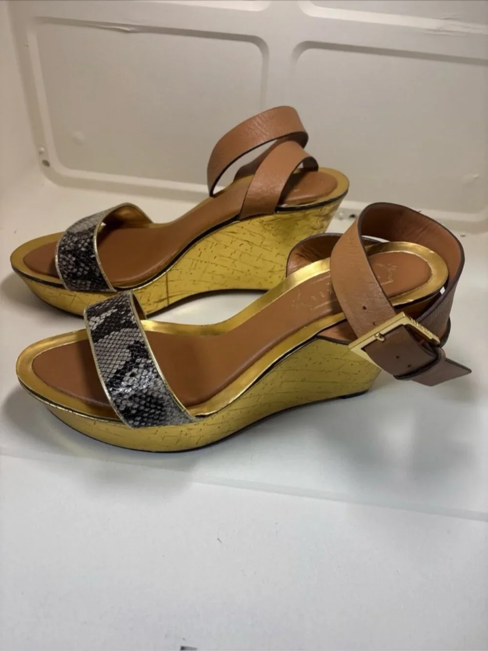 Ted Baker Gold-Platform Wedge with Brown Ankle Strap and Snake-Print Toe